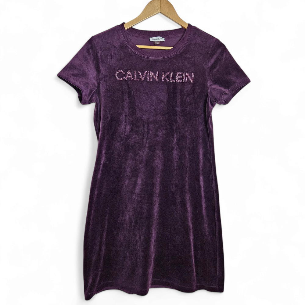 Calvin Klein Women's Dark Purple Velour Y2K Mini Short Sleeve Sheath Dress Sz M
